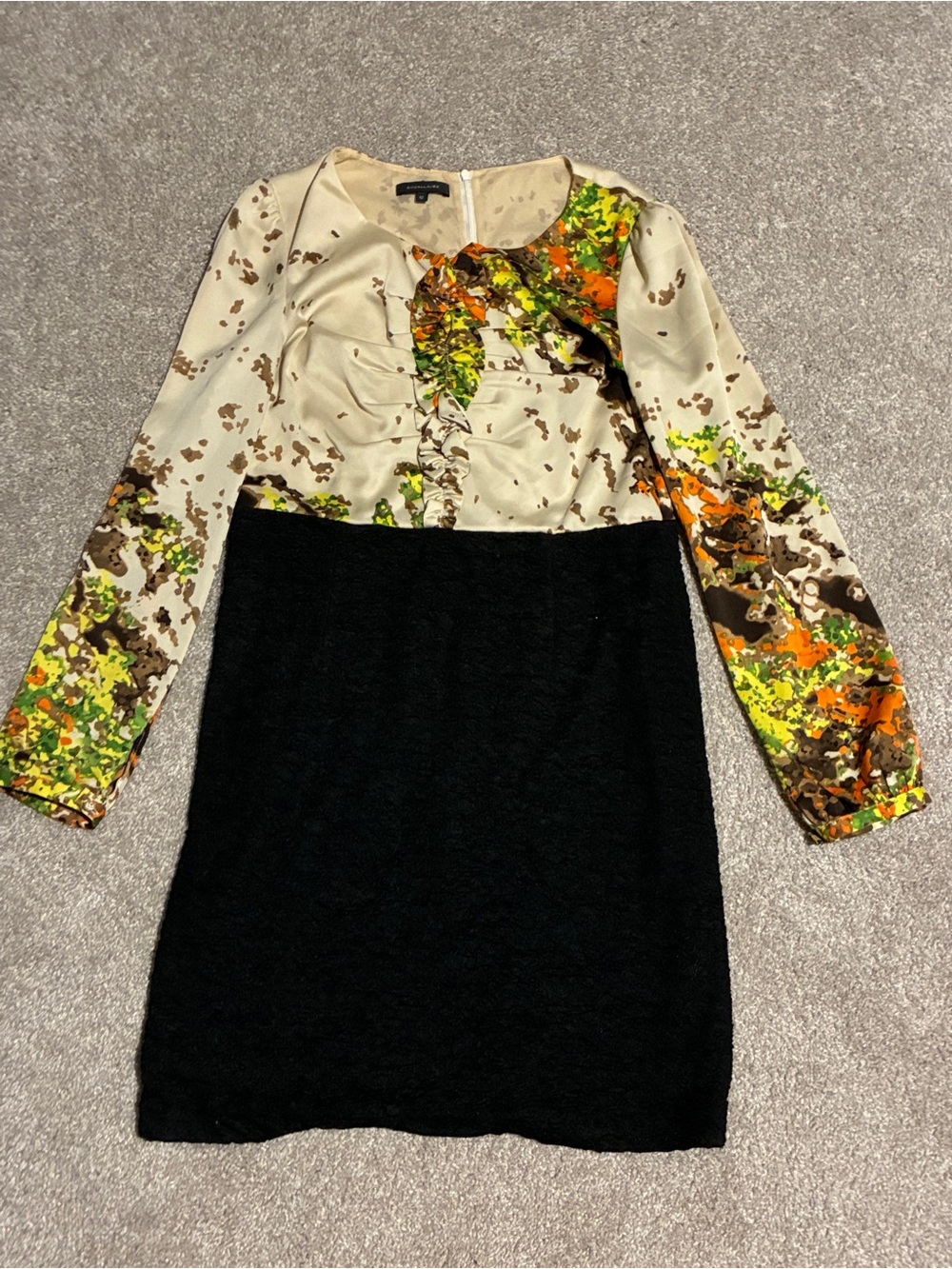 Long-Sleeve Mixed-Print Midi Dress in Black and Cream